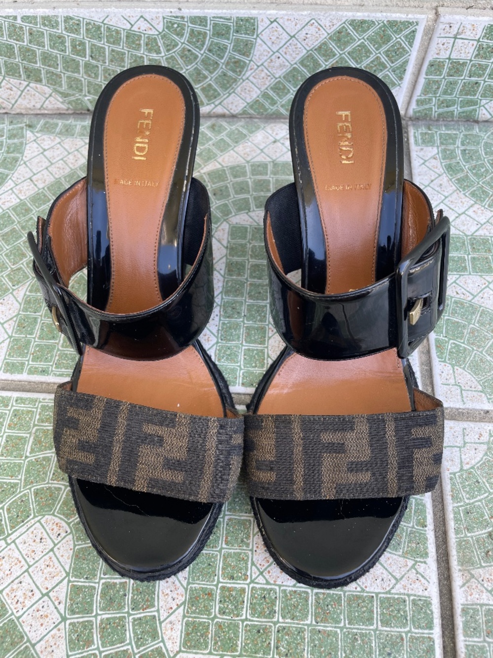 Fendi Zucca Patent Leather Wedge Sandal